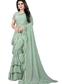 Georgette Golden Lace Solid Frill Ruffle Saree