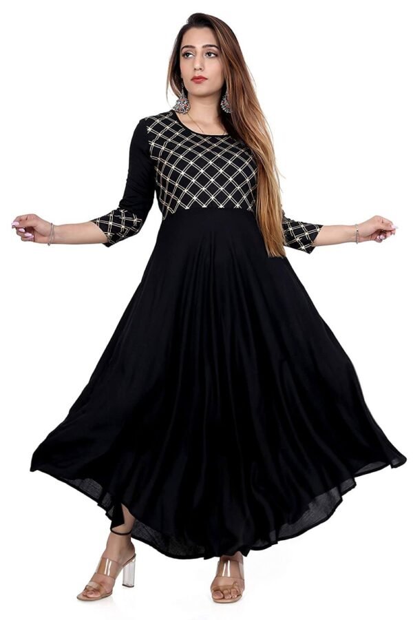 Stitched Long Rayon Printed Black Color Flared Gown