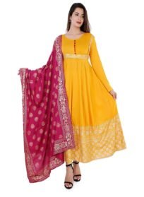 Buy Women's Rayon Anarkali Handprinted Kurti With Banarasi Dupatta Set of Yellow Color